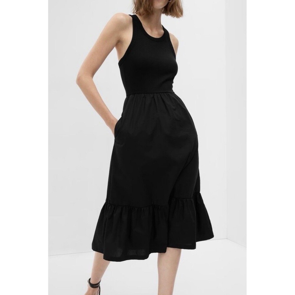 Gap K2W Midi Dress Black Racerback Ribbed Tank Tiered Skirt Round Neck Women XL